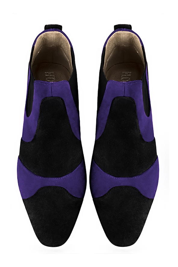 Matt black and violet purple women's ankle boots, with elastics. Round toe. Low flare heels. Top view - Florence KOOIJMAN